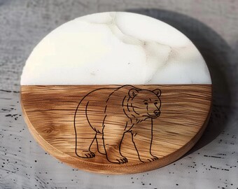 Engraved Bear Acacia Wood Coaster – Rustic Wildlife Decor