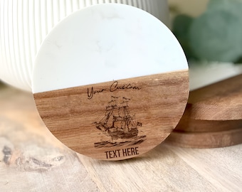 Customizable Marble Acacia Wood Coaster, Pirate Ship Design