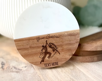 Customizable Marble Acacia Wood Coaster: Capoeira Dancers Table Decor