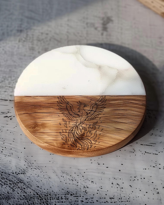 Phoenix Rising Drink Coaster - Marble Surface with Ember Artwork