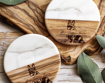 German Shepherd Coaster: Marble Acacia Wood, Personalized Dog Gift