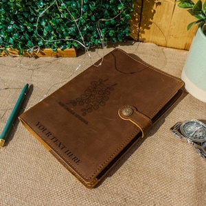 May include: A brown leather journal with a decorative design and the text "YOUR TEXT HERE". A teal pen and a silver wristwatch are next to the journal. A small potted plant is in the background.