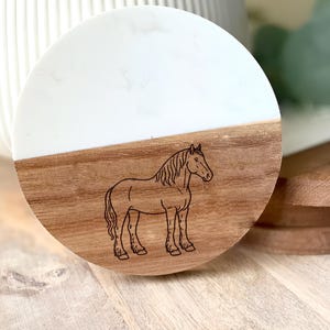 American Cream Draft Horse Coaster: Acacia Wood & Marble Equestrian Decor