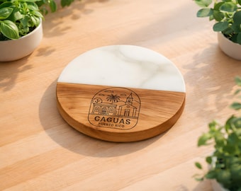 Caguas Puerto Rico Coaster, Marble Acacia Wood Drink Coaster, Boricua Home Decor Souvenir