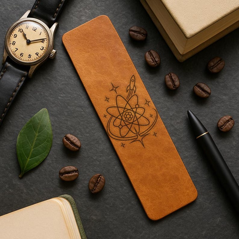 a leather bookmark with an intricate design, a watch, a pen, and coffee beans arranged on a dark surface.