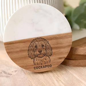 Cockapoo Dog Coaster, Acacia Wood Marble Drink Coaster, Pet Lover Gift