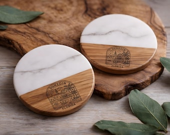 Dunedin Florida Coaster, Acacia Wood Marble Drink Coaster, Gulf Coast Souvenir