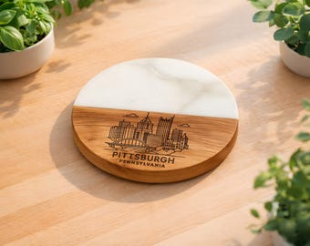 Pittsburgh Skyline Coaster, Acacia Wood Marble Home Decor, Steel City Souvenir