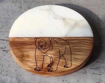 Sun Bear Drink Coaster: Acacia Wood & Marble, Wildlife Design