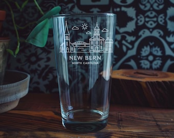 New Bern North Carolina Pint Glass Featuring Historic Waterfront, City Skyline, and Iconic Bear Statues