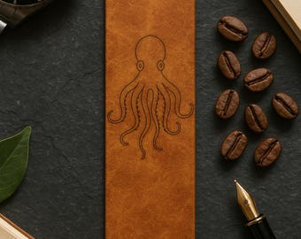 Octopus Leather Bookmark: Laser Engraved Italian Leather, Sea Creature Gift