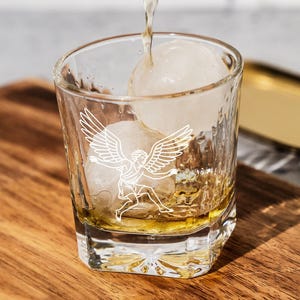 Icarus Mythology Whiskey Glass – Falling Icarus Design with Wings and Sun Greek Legend Theme Gift for Him