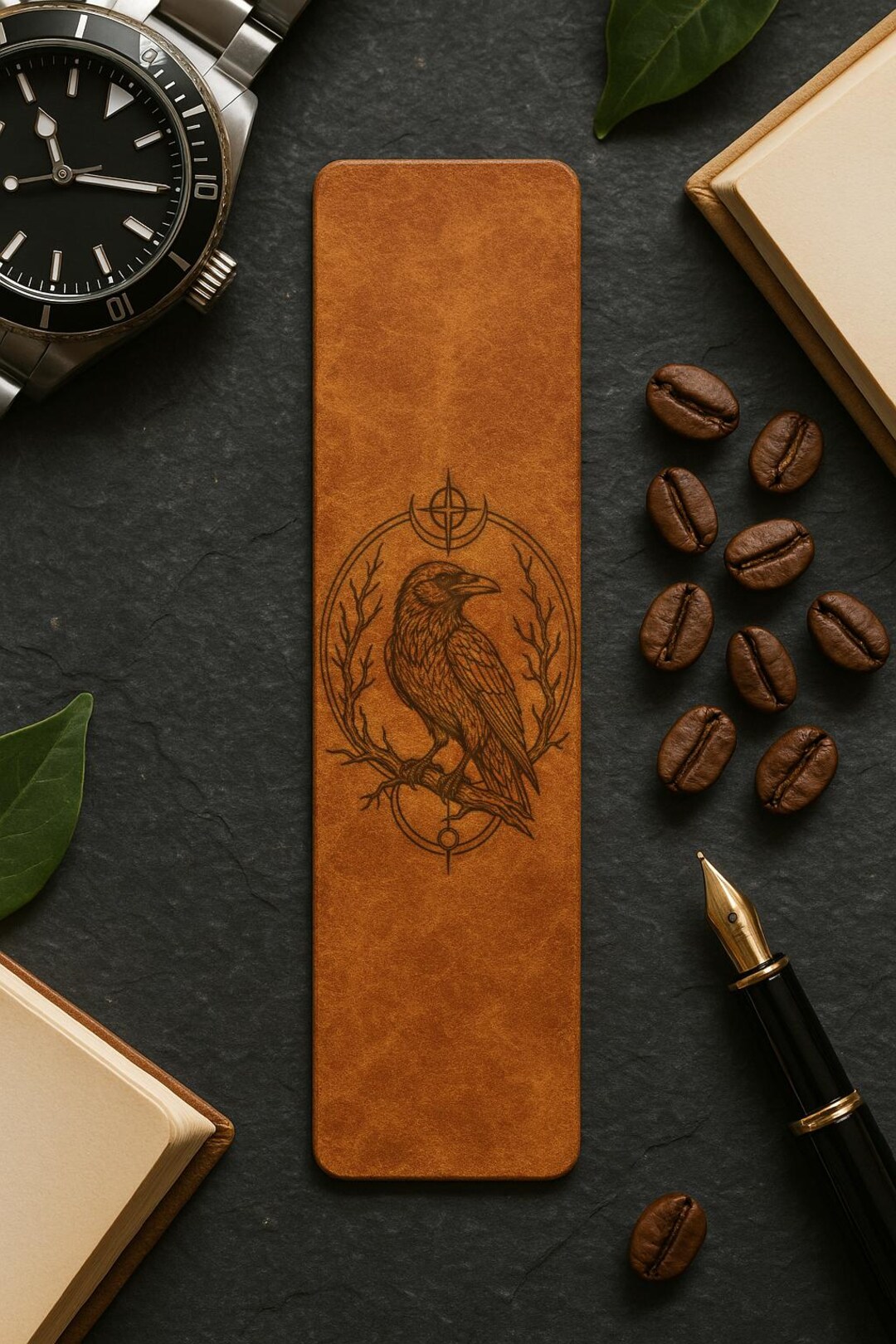 Crow Portrait Genuine Leather Bookmark, Raven Lover Gift, Bird of Prey ...
