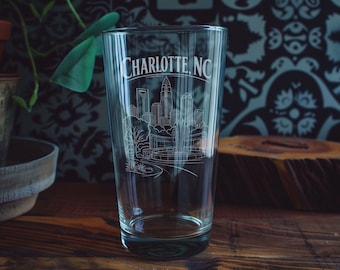 Charlotte NC Pint Glass, Charlotte North Carolina Souvenir Glass, Queen City Skyline Drinkware, Charlotte Travel Gift