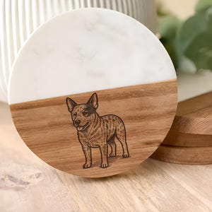 Stumpy Tail Cattle Dog Coaster, Marble Acacia Wood Drinkware, Heeler Dog Lover Gift