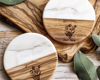 Customizable Marble and Acacia Wood Coaster: Tulip Design