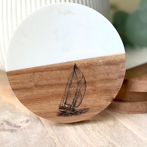 Sailboat Racing Coaster: Acacia Wood & Marble Nautical Decor