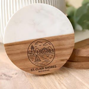 St. Clair Shores Michigan Coaster, Acacia Wood Marble Lakeside City Souvenir
