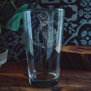May include: A clear pint glass with a detailed etched design of a cat. The cat is sitting upright with its tail extended. The glass is on a wooden surface.