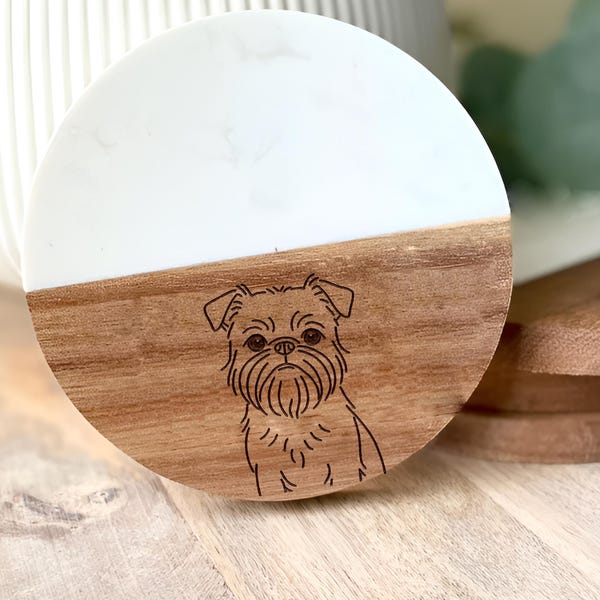 Brussels Griffon Dog Coaster: Acacia Wood & Marble Pet Portrait