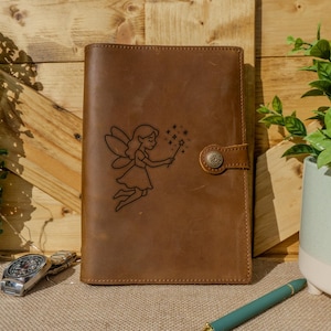 Fairy Magic Leather Journal – Genuine Leather Notebook with Enchanted Forest, Fairies, and Whimsical Creatures Design