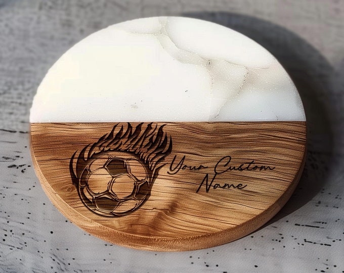 Flaming Soccer Ball Coaster: Custom Acacia Wood & Marble Drink Coaster