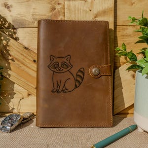 Quirky Raccoon Genuine Leather Journal – Handcrafted Notebook Featuring Playful Woodland Animal Design