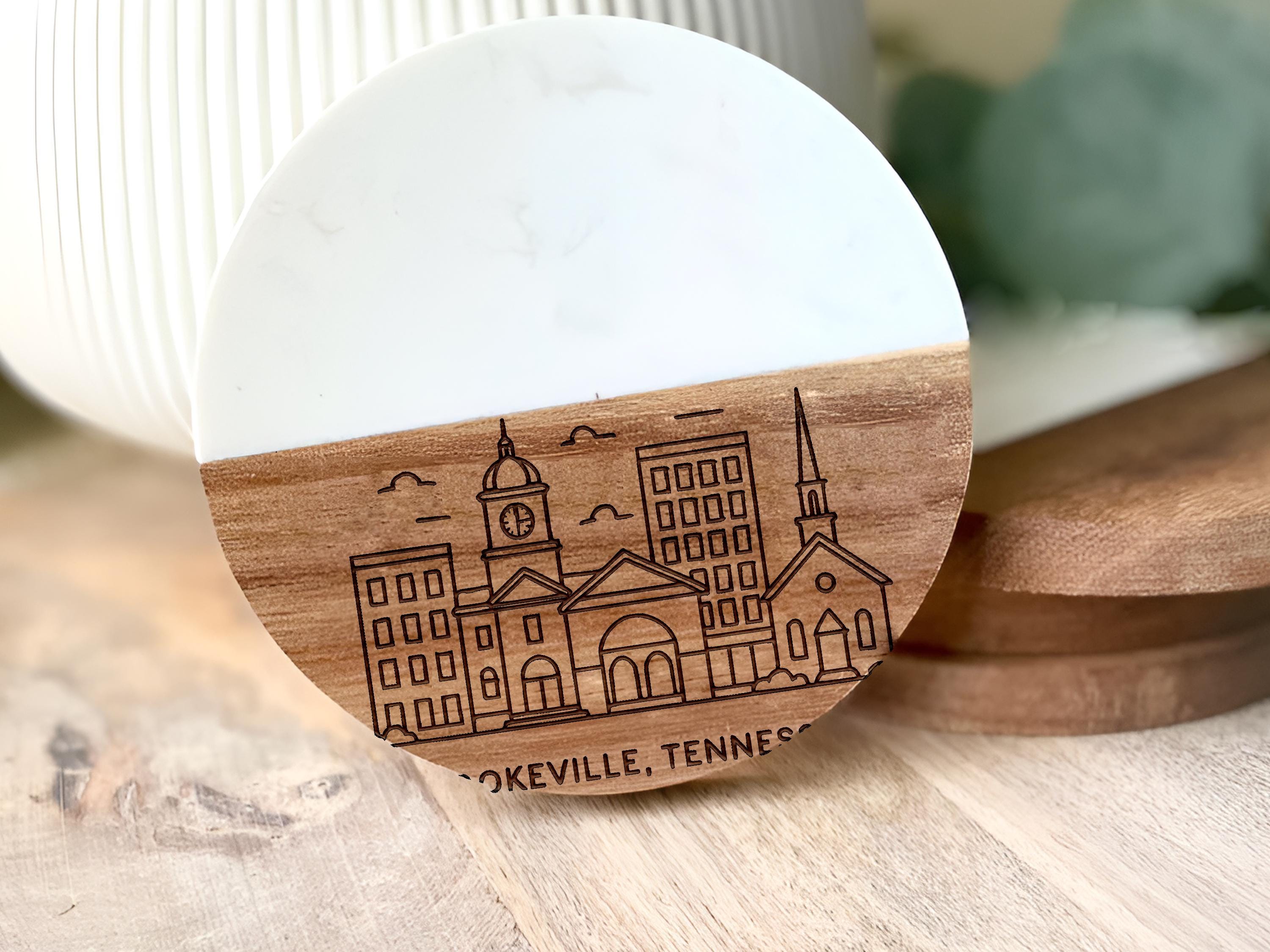 Cookeville Tennessee Coaster – Acacia Wood & Marble Drink Coaster