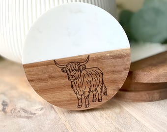 Highland Cow Coaster – Rustic Farmhouse Decor Featuring Highland Cattle Design – Scottish Highland Bull Drink Coaster