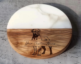 Boxer Dog Coaster: Marble and Acacia Wood, Custom Pet Gift
