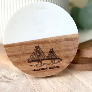 Mackinac Bridge Coaster: Michigan Landmark Acacia Wood & Marble