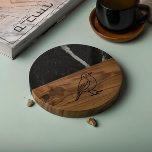 Spring Robin Bird Coaster: Acacia Wood & Marble Songbird Drink Coaster