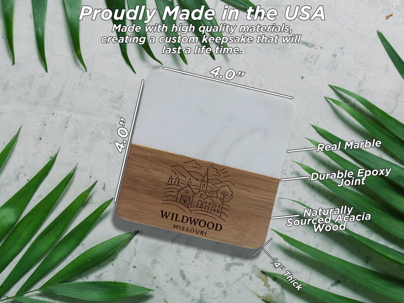 a marble coaster with a wooden design, placed on a white background with green leaves.