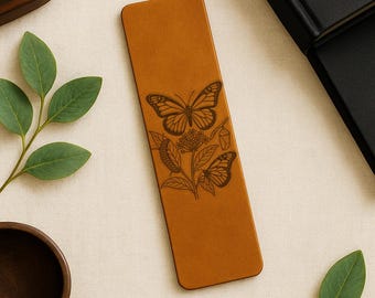 Monarch Butterfly Botanical Illustration Genuine Leather Bookmark, Nature Insect and Wildflower Design Leather Page Marker