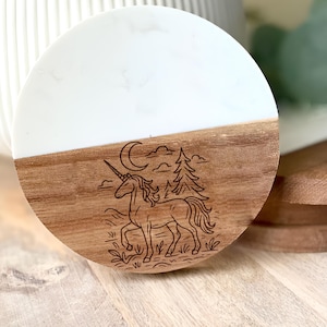 Magical Unicorn Coaster: Wooden, Crescent Moon Design