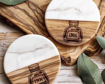 Vintage Ink Bottle Desk Coaster - Wooden Office Table Protector