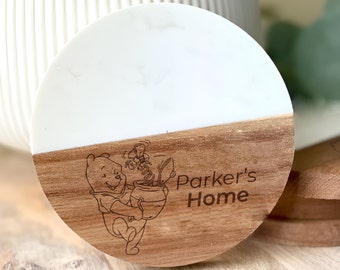 Personalized Winnie the Pooh Coaster, Acacia Wood & Marble