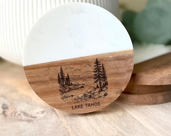 Lake Tahoe Coaster: Scenic Mountain Landscape, Acacia Wood & Marble
