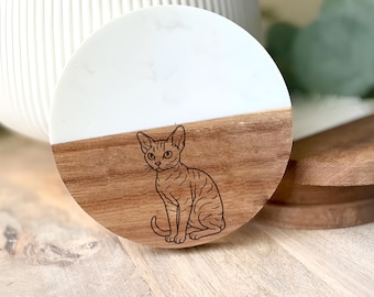 Devon Rex Cat Coaster – Acacia Wood and Marble Feline Design