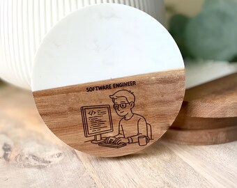 Software Engineer Gift: Acacia Wood & Marble Coaster - Geek Office Decor