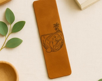 Manatee Coastal Wildlife Genuine Leather Bookmark, Sea Cow Ocean Lover Gift, Beach Nature Animal Bookmark for Readers