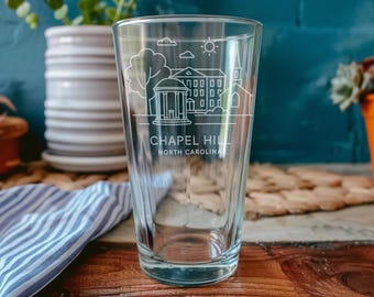 Chapel Hill NC Landmarks Pint Glass – UNC, Franklin Street, Old Well, Tar Heels