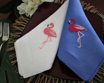 Linen napkins with flamingo’s embroidered set of 6, Linen napkins, 100% Linen table napkins, dinner Napkins, Embroidered napkins.