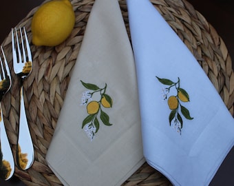 Linen napkins with yellow lemons embroidered set of 6, Linen napkins, 100% Linen table napkins, dinner Napkins, Embroidered napkins.