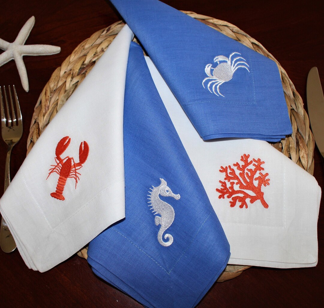 Linen Napkins Embroidered Set of 6, Linen Napkins, 100 Linen Table