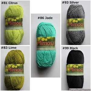 May include: A collection of yarn skeins in various colours, including citrus, silver, jade, lime, and black. Each skein is labelled "Mimosa" and includes the yarn composition: 62% cotton, 38% rayon.