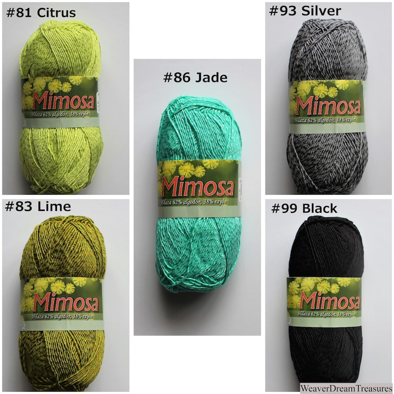May include: A collection of yarn skeins in various colours, including citrus, silver, jade, lime, and black. Each skein is labelled "Mimosa" and includes the yarn composition: 62% cotton, 38% rayon.