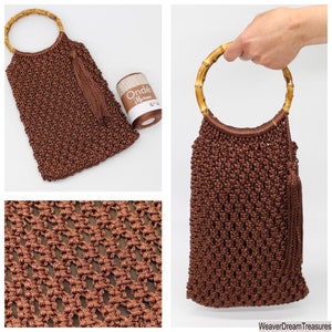 May include: A brown crocheted handbag with a bamboo handle and a tassel. The bag is made with a  "Ond&eacute; Merinos" yarn.