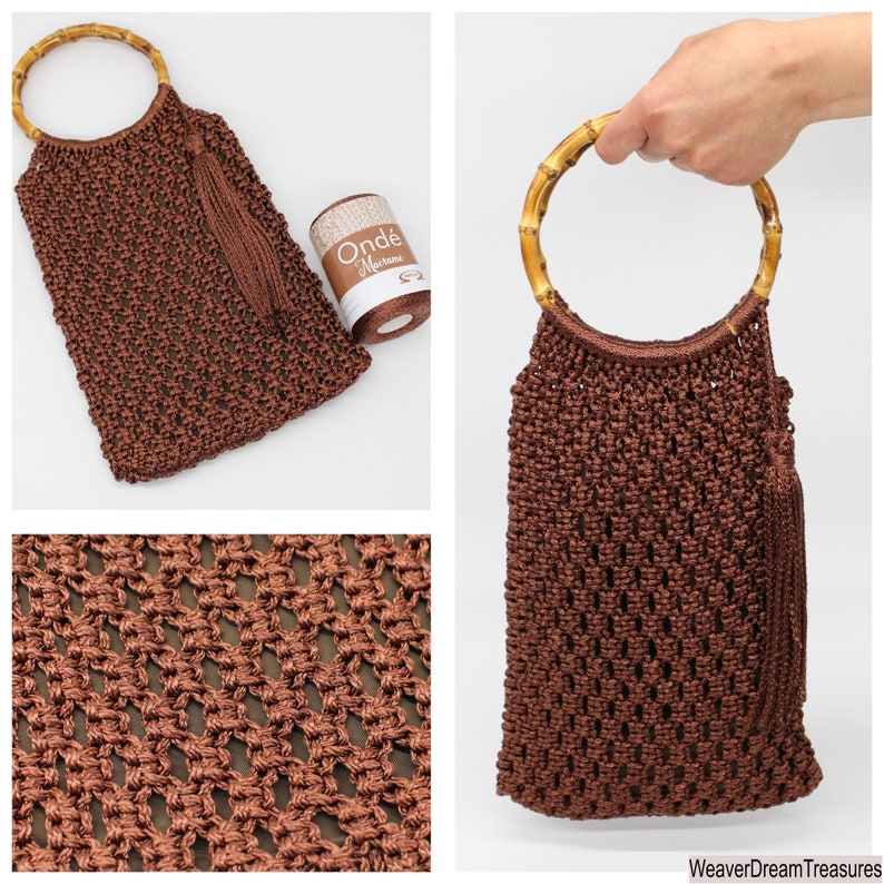 May include: A brown crocheted handbag with a bamboo handle and a tassel. The bag is made with a  "Ond&eacute; Merinos" yarn.