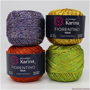 May include: Four balls of yarn in different colors: purple, orange, gold, and green. Each ball has a label that reads "Estambres Karina Fiorentino Maxi Linea Premium" and "Hecho en Mexico Made in Mexico".